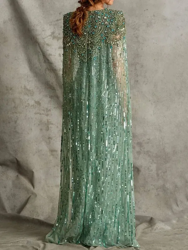 Deep V Beading Cape Sleeve Dress