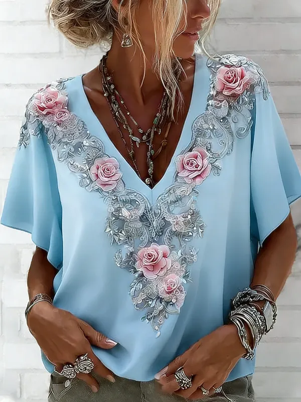 Women's Pink Rose Art Printed V-neck Short Sleeve Linen Blended T-shirt