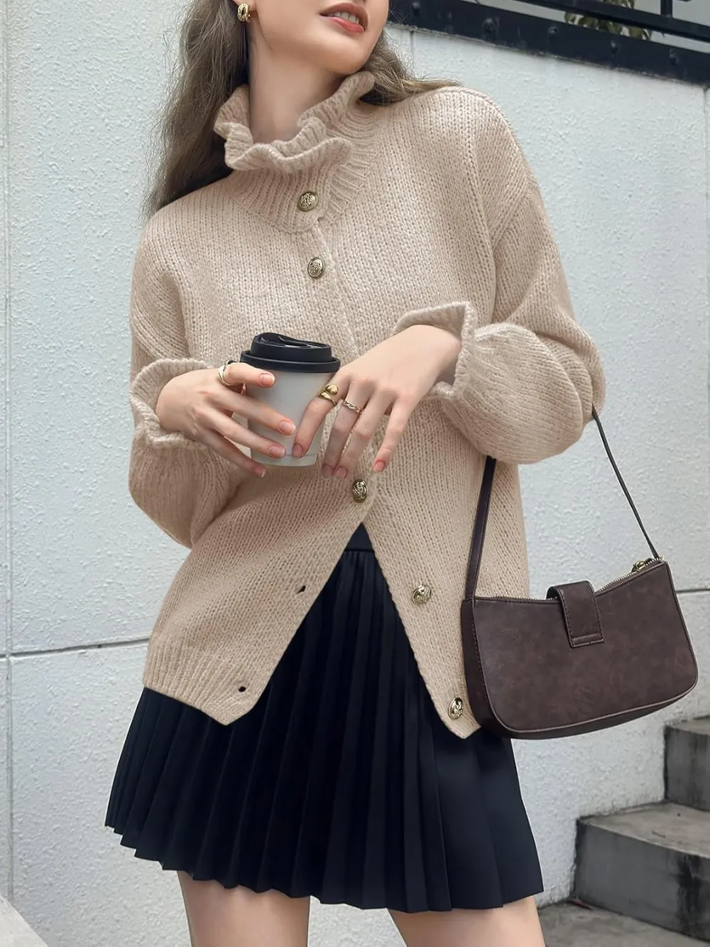 🎄Hot Sale Ruffle Cardigan Oversized Button Up Ribbed Knit Open Front Long Sleeve Loose Sweater