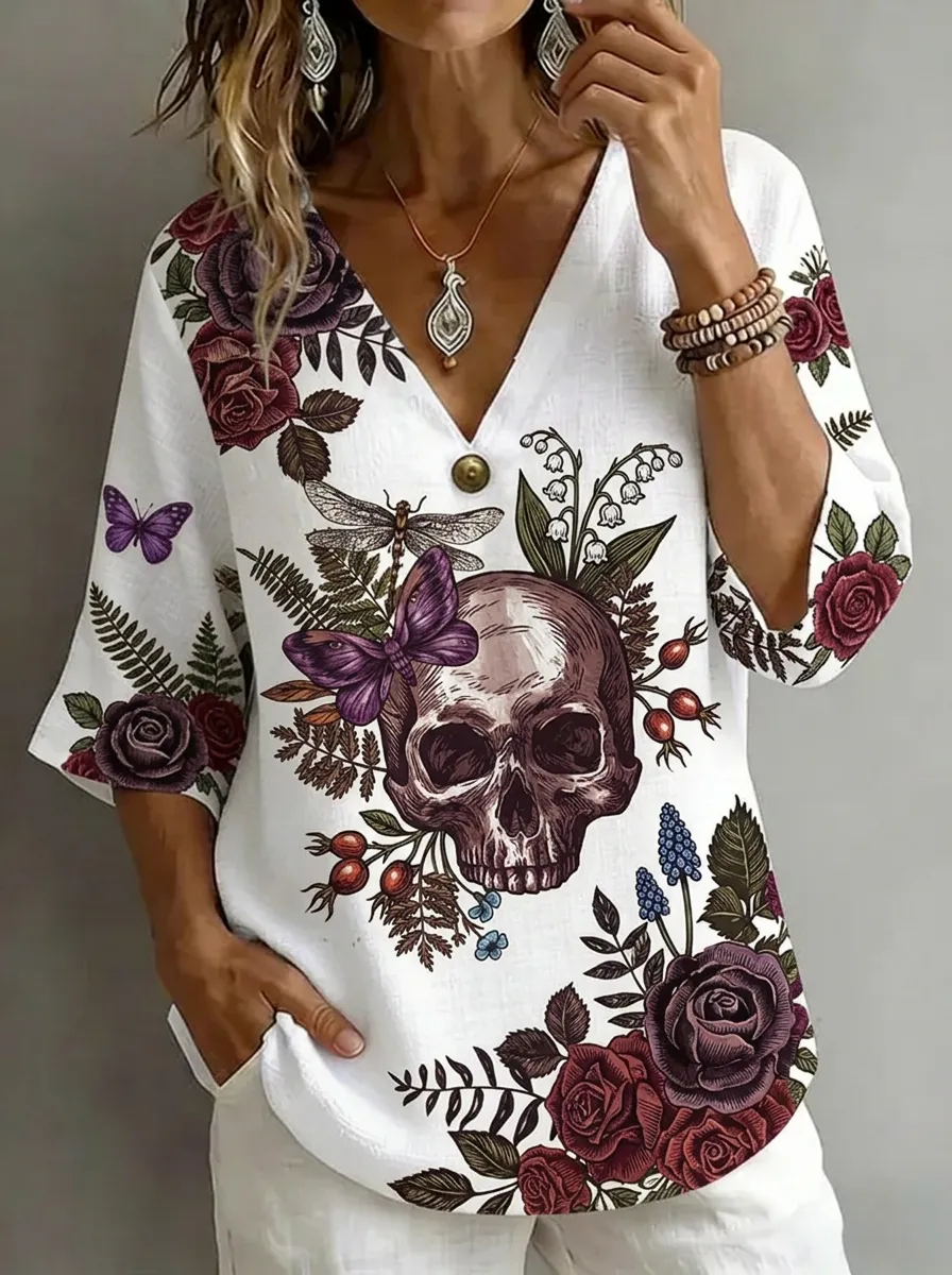 Women's Nashville Gothic Skull Floral Butterfly Printed V-Neck Top