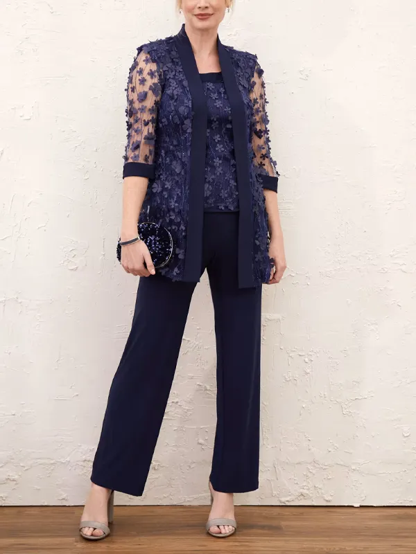 Floral Vest Long Sleeve Top Trousers Three-Piece Suit