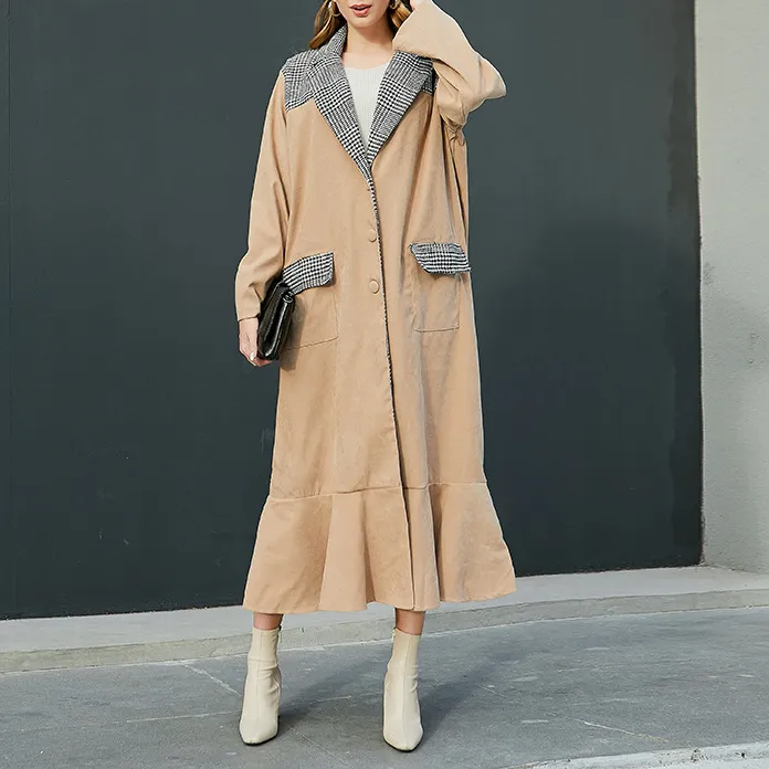 Patchwork Lapel Front Button Ruffle Coat