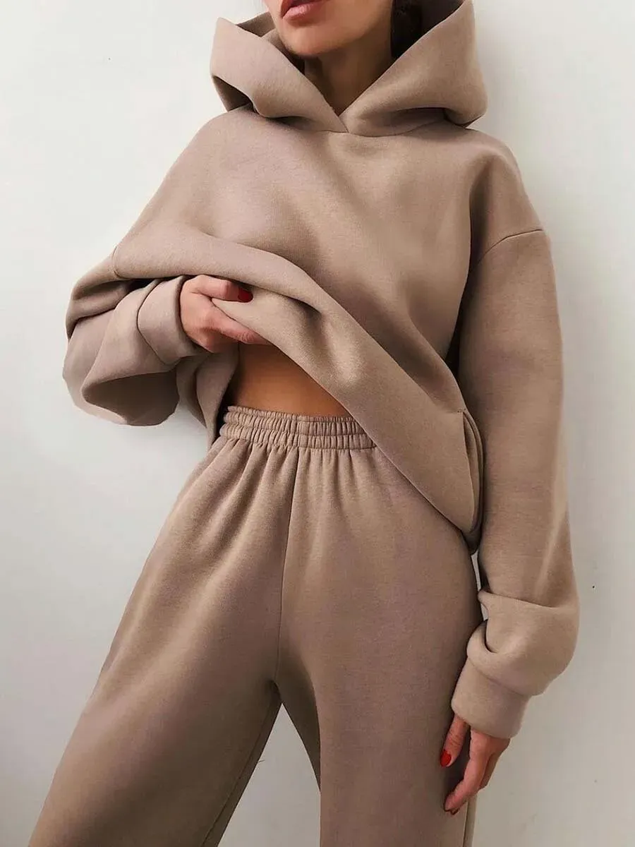 Fashion Casual Hooded Solid Color Two-piece Suits