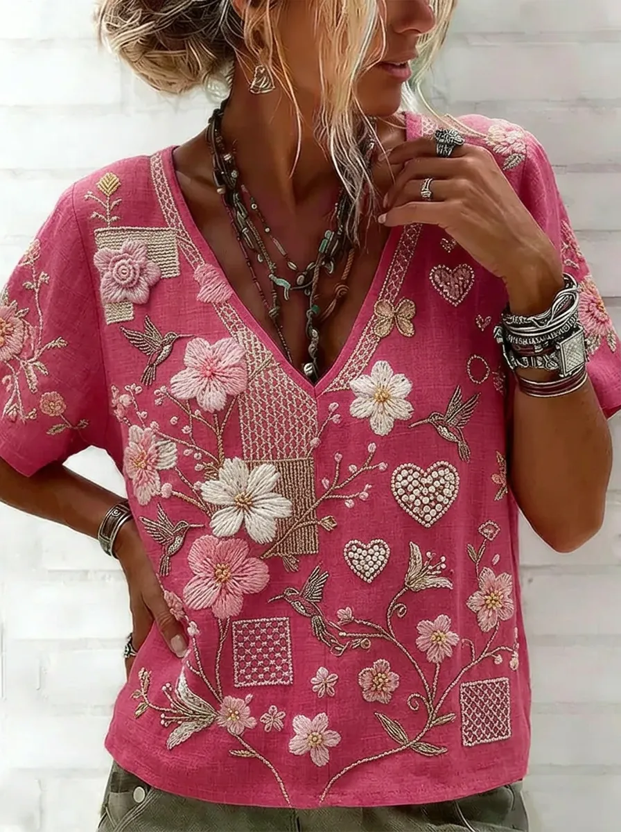 Women's Nashville Floral Hummingbird Heart Embroidered V-neck Top