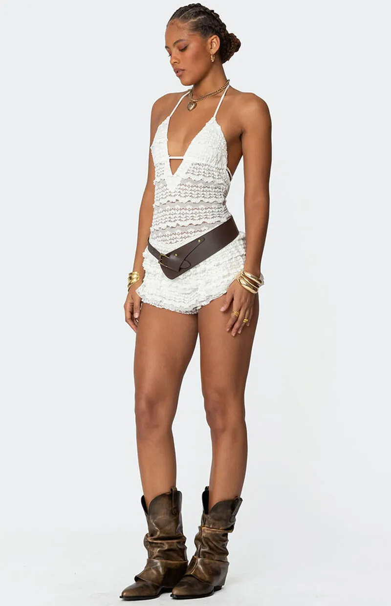 Edikted Lanney Ruffled Sheer Lace Romper