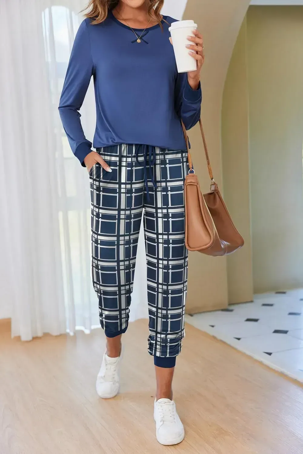 Women's Pajamas Sets Long Sleeve with Plaid Pants Soft Sleepwear O Neck 2 Piece Pjs Joggers Loung Set with Pockets
