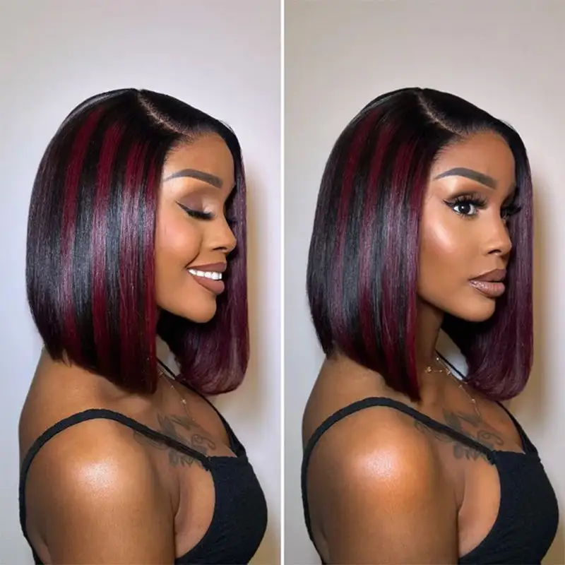 Sterly Dark Red Highlights Silky Blunt Cut Straight Bob Wig