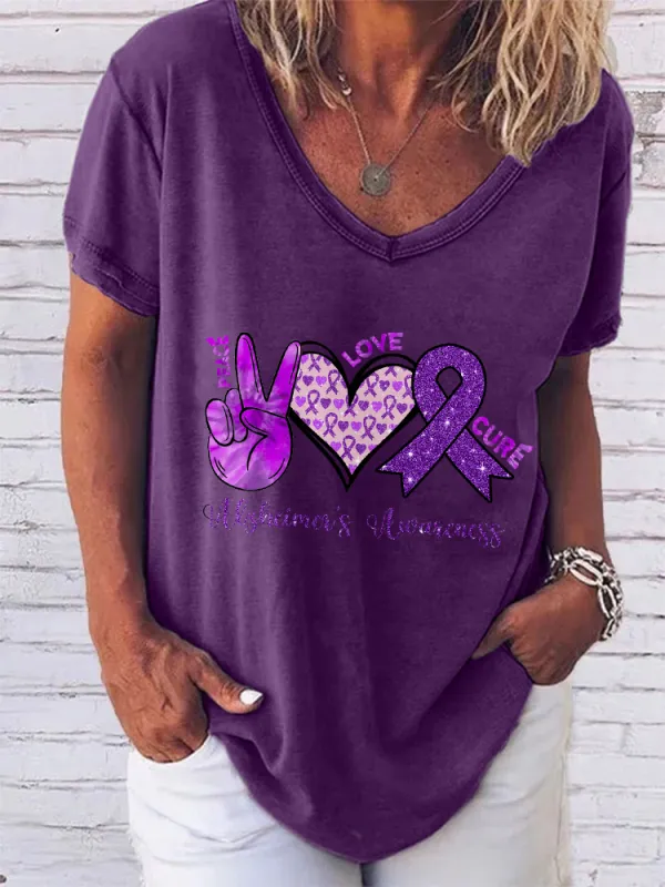 Women'S V-Neck Short-Sleeved T-Shirt Peace Love Cure Alzheimer'S Awareness Prints