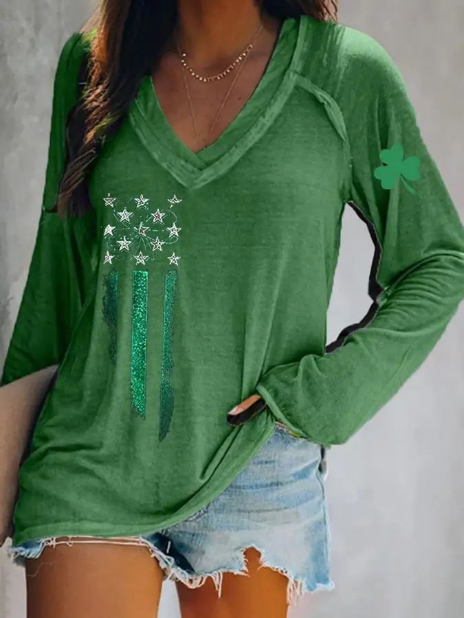 Women's  St. Patrick's Day Printed V-Neck T-Shirt
