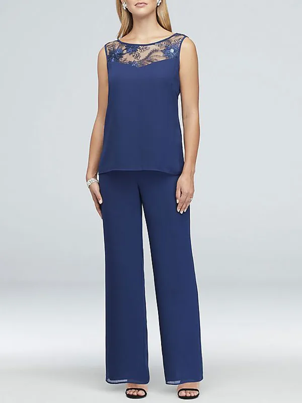 Lace-Detailed Georgette Three-Piece Pantsuit