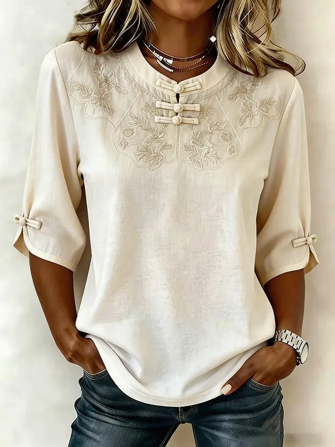 Women'S Retro Cotton Linen Flower Art Printing Design Casual T-Shirt