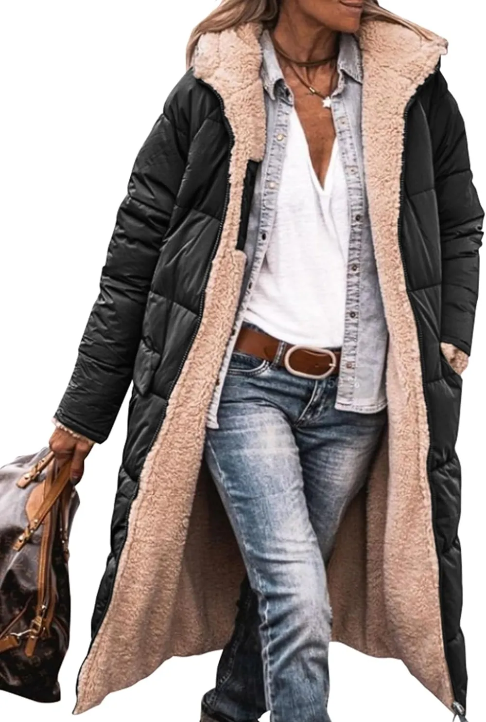Women's 2023 Warm Winter Coats Reversible Sherpa Fleece Long Hooded Puffer Jackets Outerwear