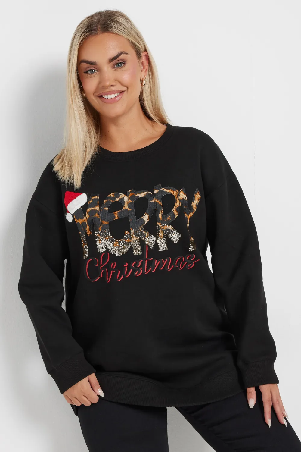 YOURS Curve Black 'Merry Christmas' Sequin Embellished Sweatshirt
