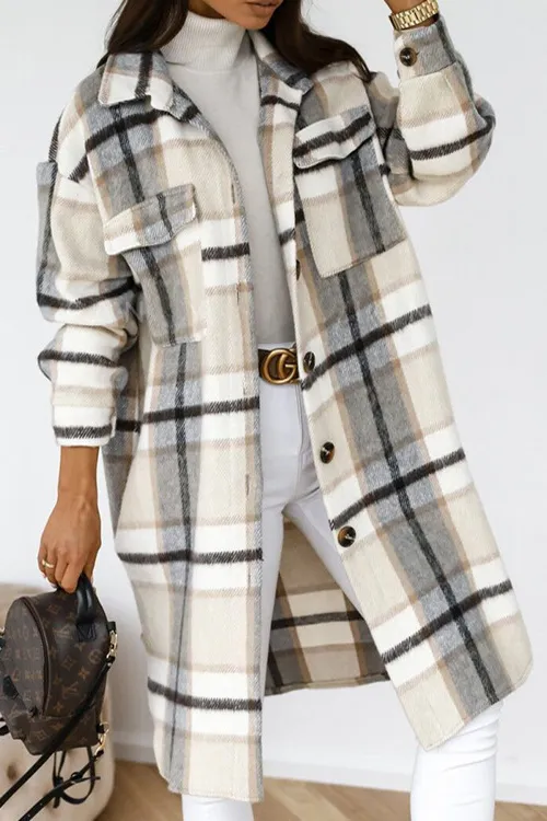 Shirt Collar Button Closure Plaid Coat