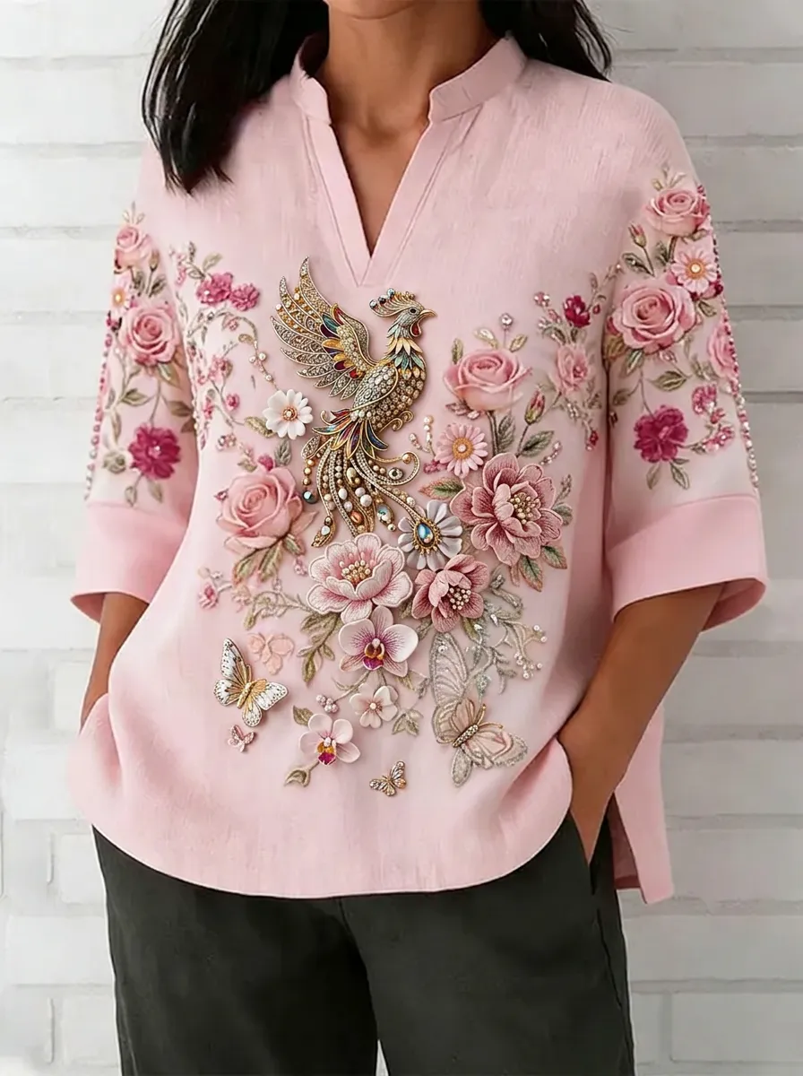 Women's Nashville Phoenix Floral Butterfly Printed V-neck Top