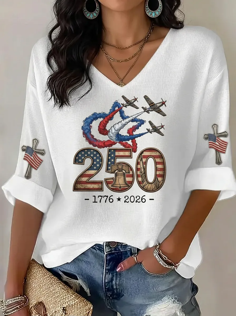 Women's USA 250th Anniversary Fighter Jet Flag Cross Printed V-Neck Top