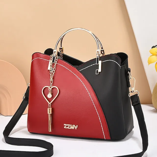 Women's Handbag Crossbody Bag Shoulder Bag PU Leather Office Shopping Daily Pendant Tassel Zipper Adjustable Solid Color Color Block Black / Red White / Green Wine red and white