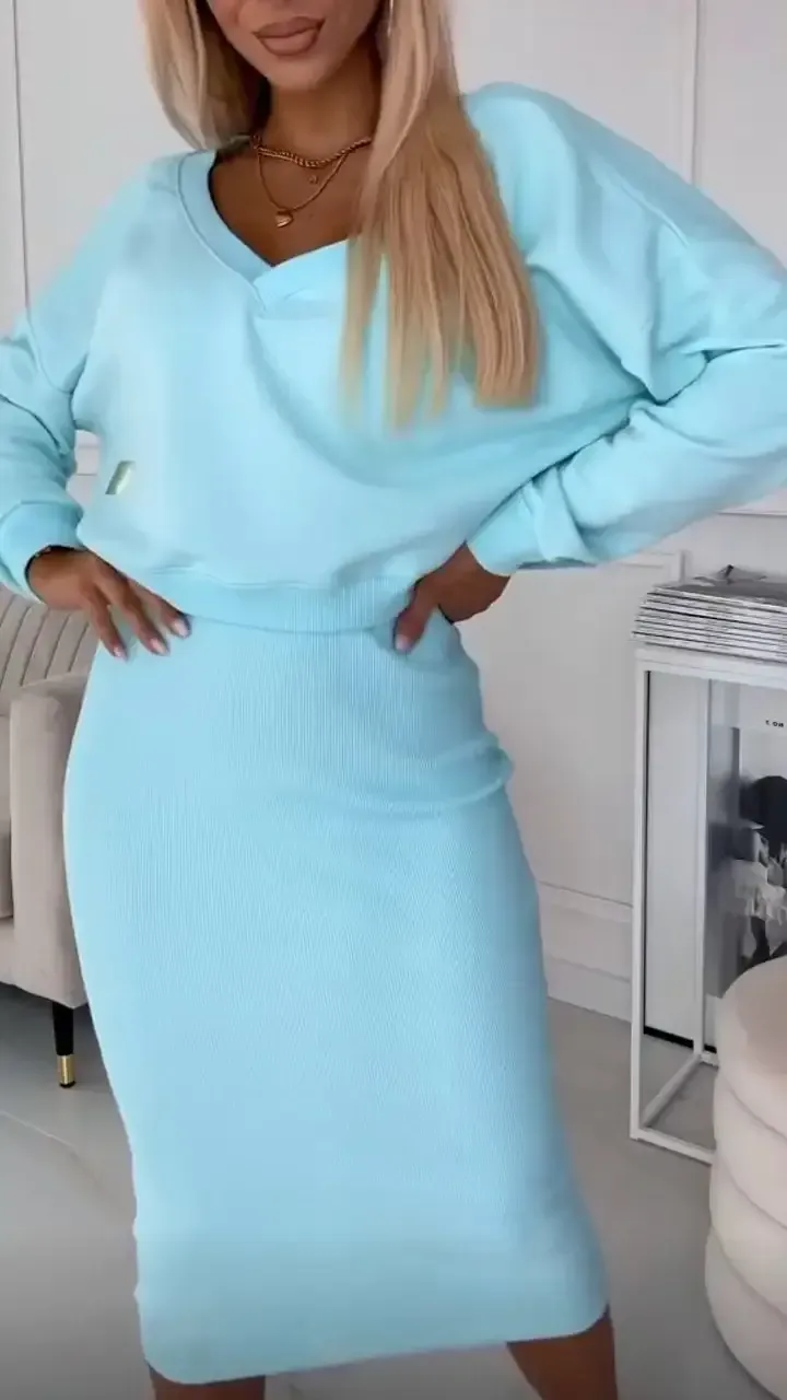 Women's V-neck Solid Color Casual Dress Suit