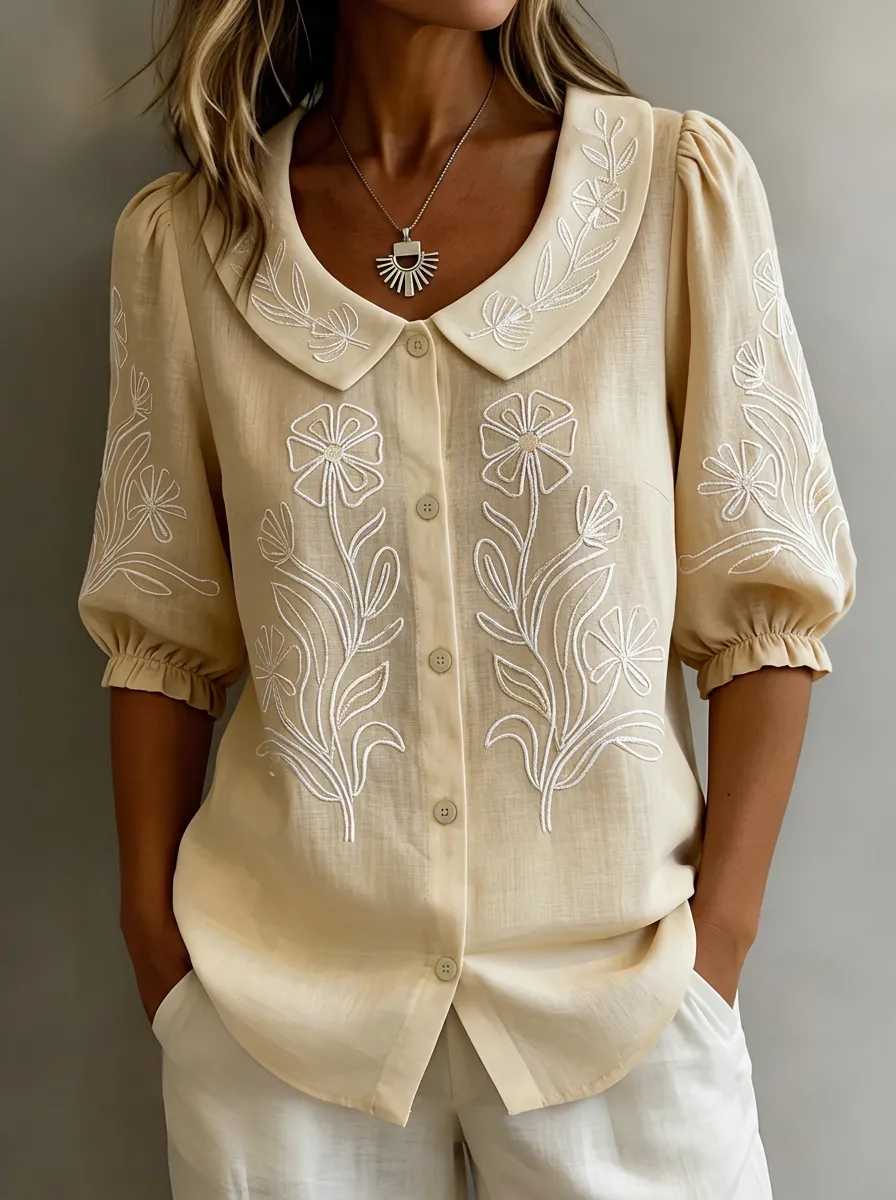 Women's Nashville Floral Embroidered Peter Pan Collar Printed Shirt