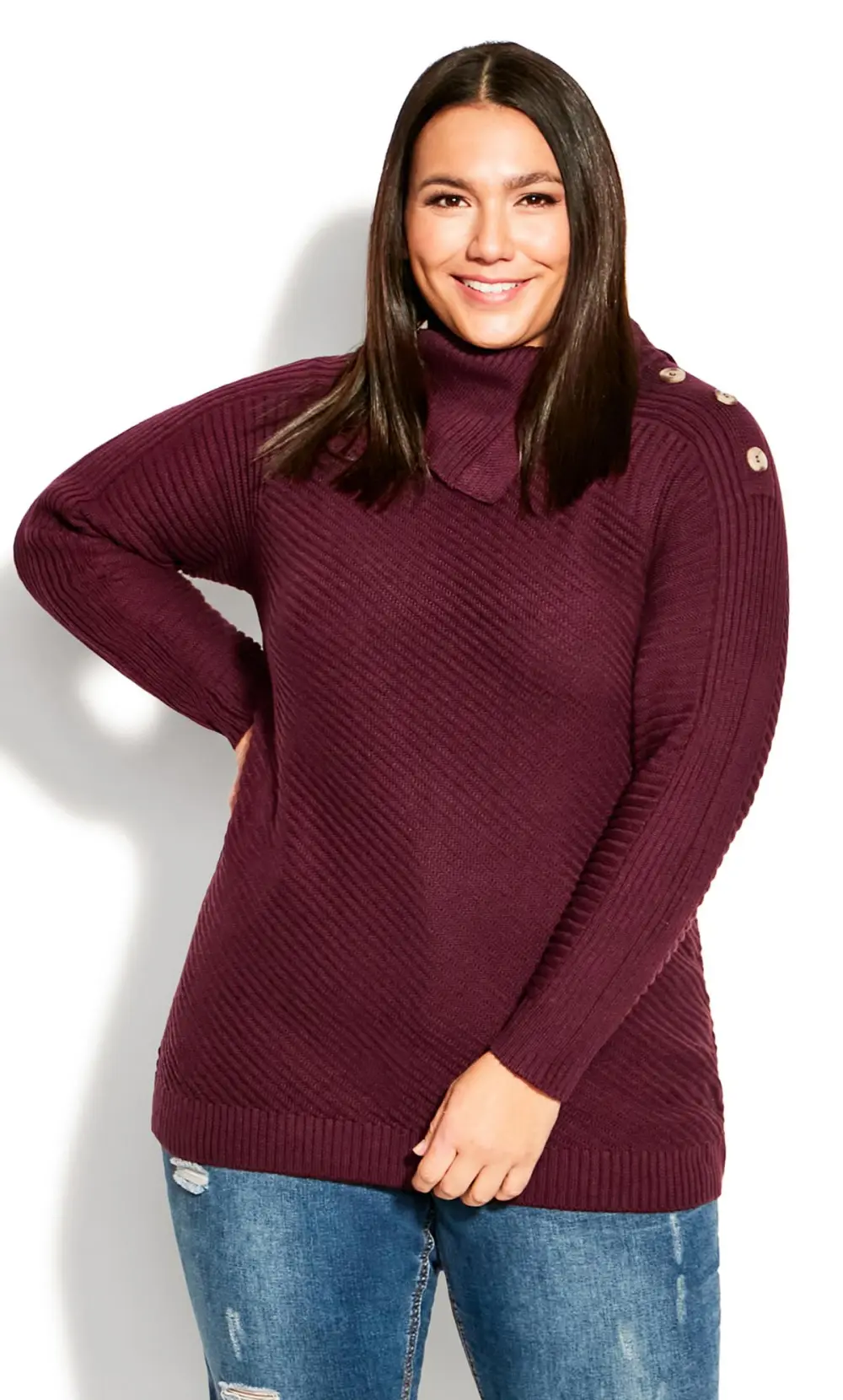 Evans Plum Turtle Neck Button Detail Jumper