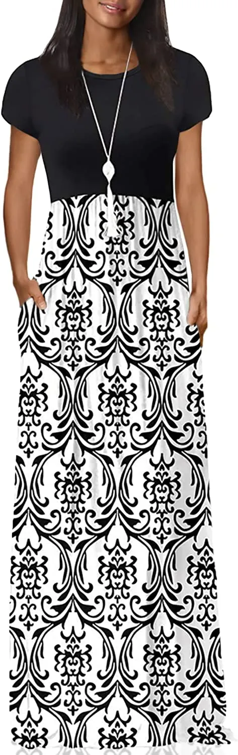 Women's Short Sleeve Loose Plain Maxi Dresses Casual Long Dresses with Pockets