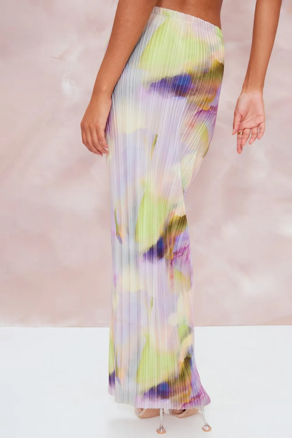 Multi Watercolour Print Plisse Strappy Cowl Neck Top And Skirt Set