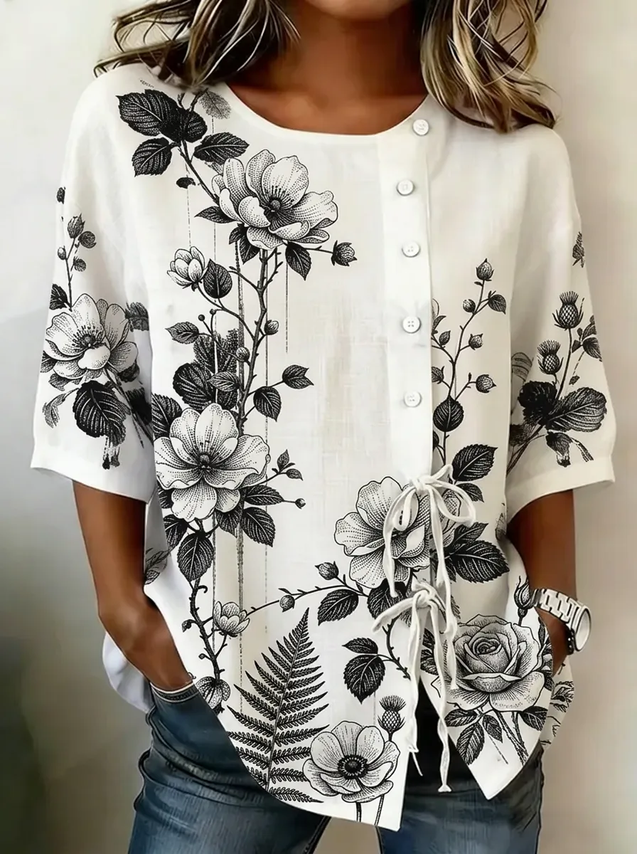 Women's Nashville Floral Botanical Printed Button-Down Shirt