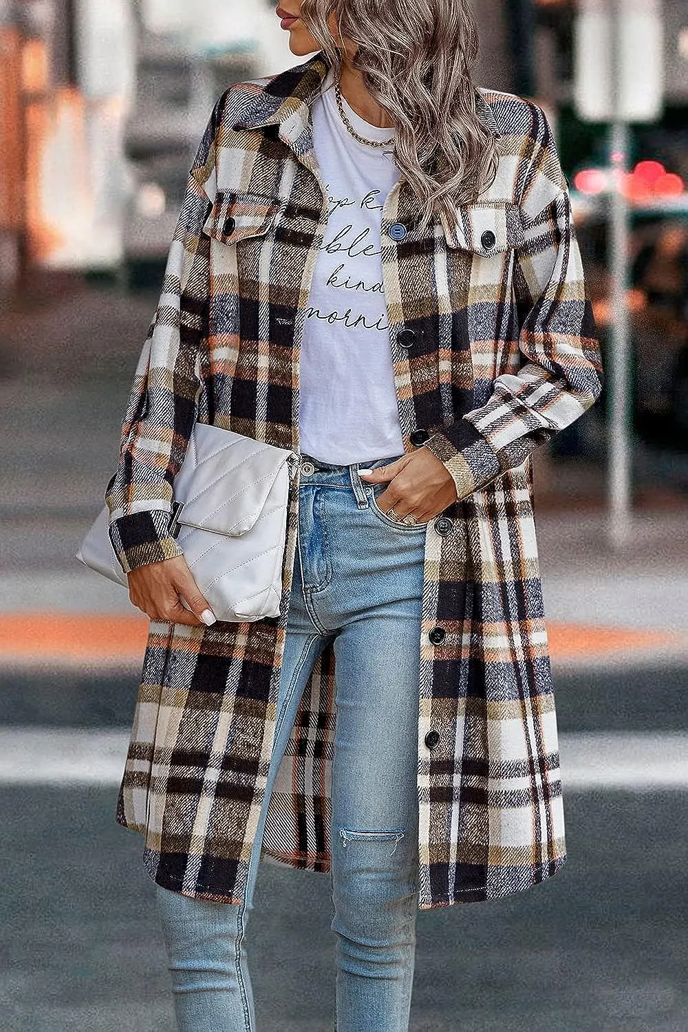 Women's Plaid Shacket 2023 Long Sleeve Button Up Flannel Shirt Winter Tartan Jacket Woolen Coats