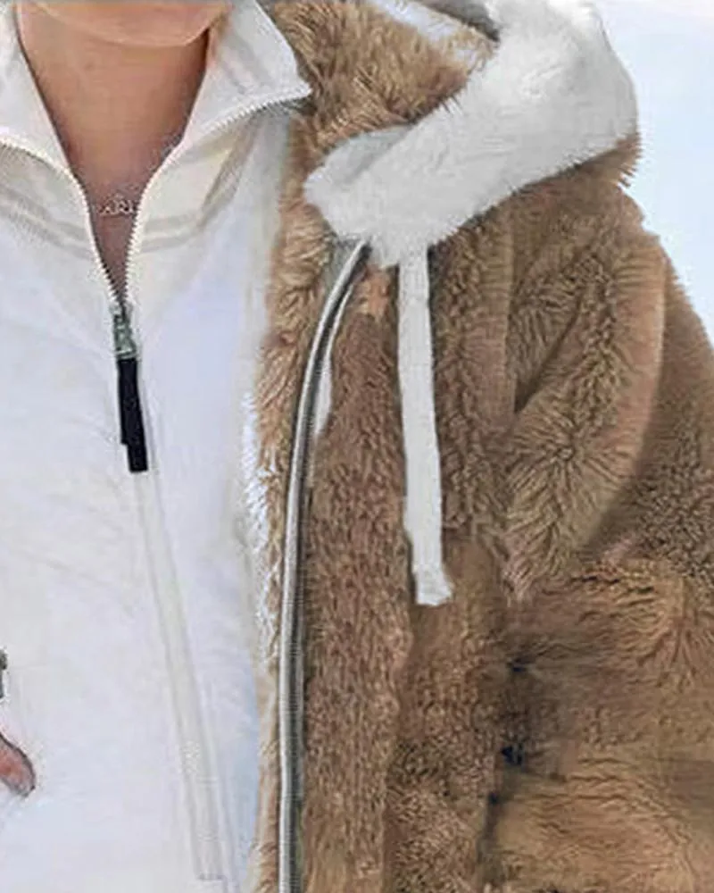 Long Sleeve Fuzzy Hooded Zip Up Teddy Coat