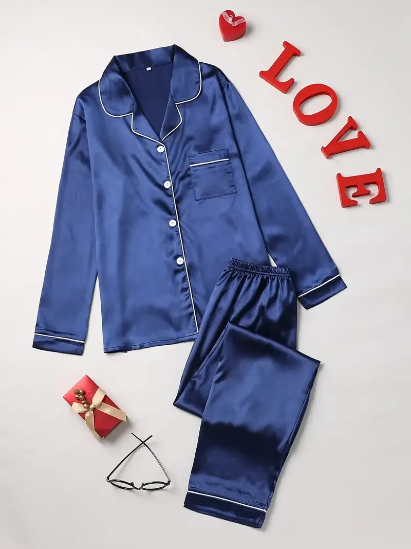 Solid Pajama Set, Long Sleeve Button Up Lapel Top & Pants Pj Set - Women's Sleepwear & Loungewear