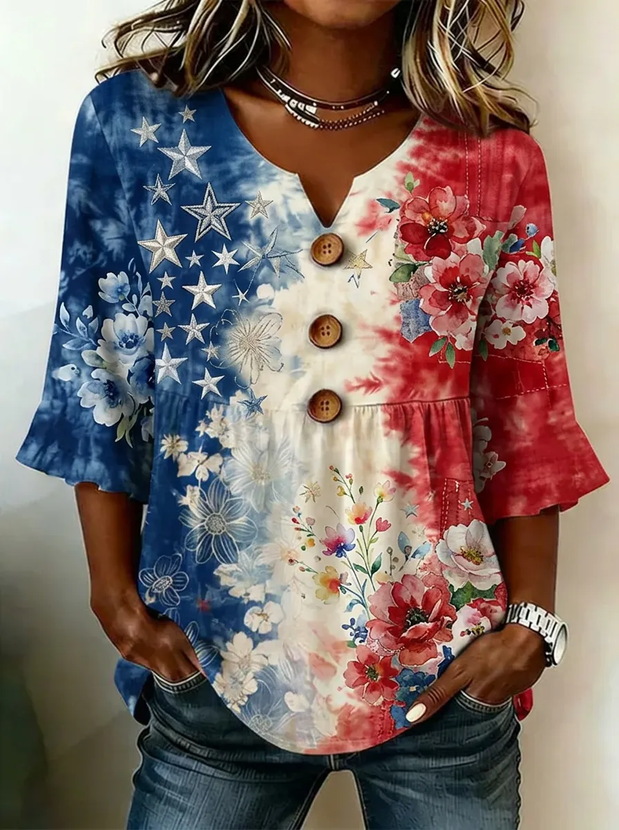 Women's Nashville Patriotic Star Floral Printed Button V-Neck Top