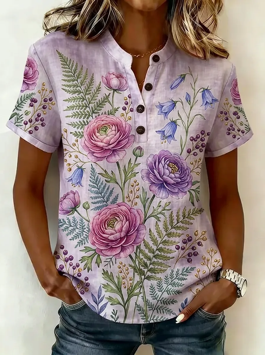 Women's Nashville Floral Botanical Printed Henley Shirt