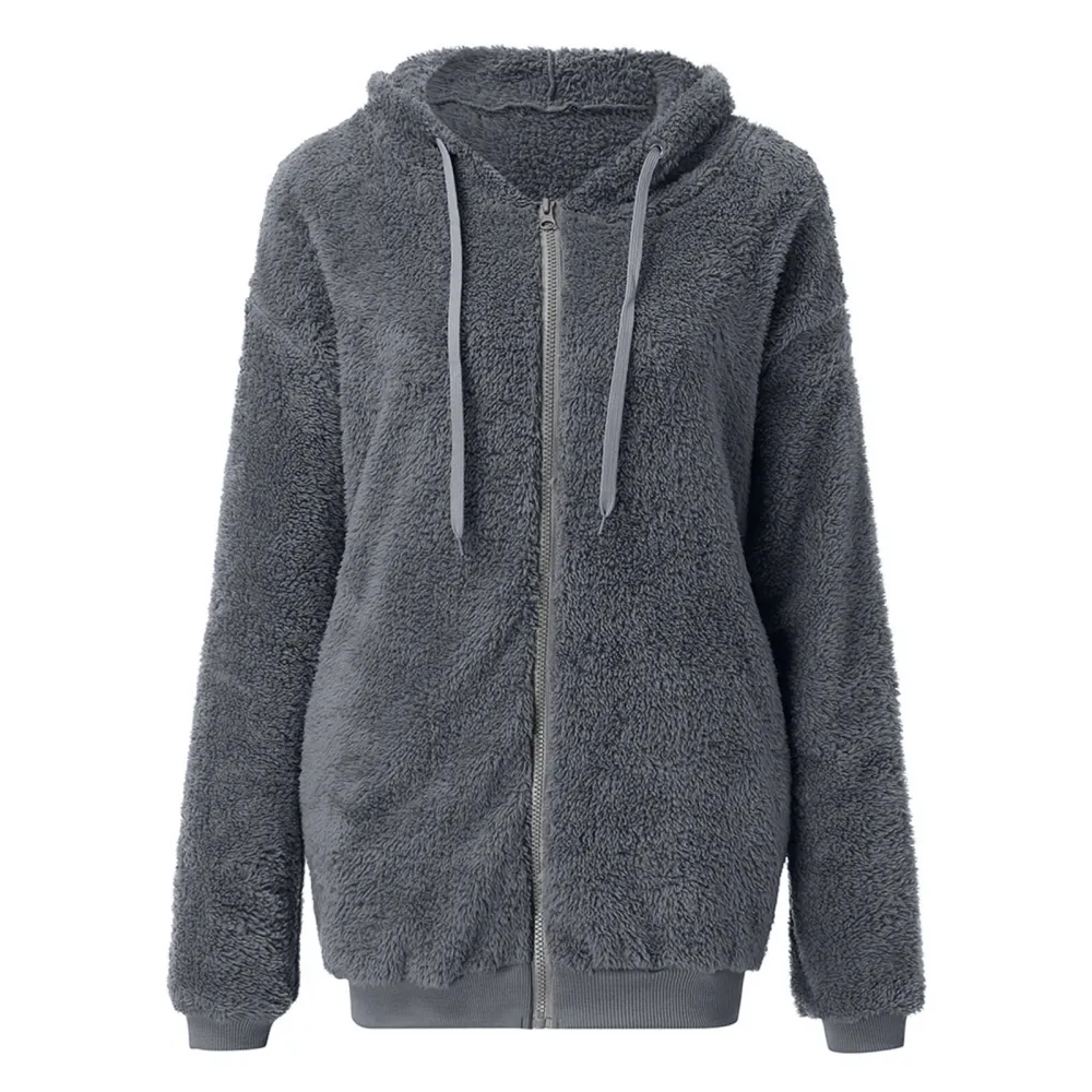 Solid Plush Drawstring Hooded Zip Coat