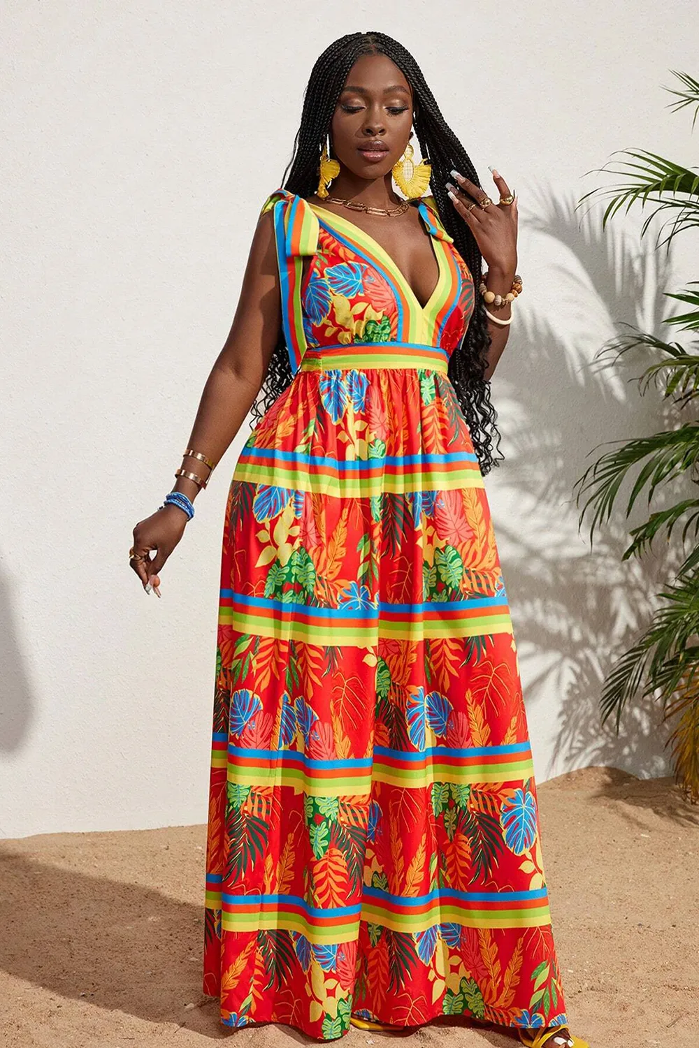 Tropical Printed V-neck Waist Tied Dress
