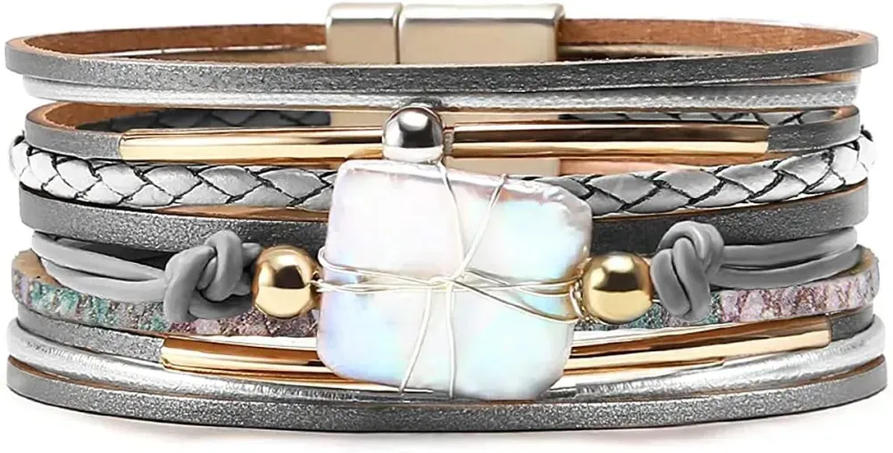 Fesciory Leather Wrap Bracelets for Women, Boho Leopard Multi-Layer Crystal Beads Cuff Bracelet Jewelry