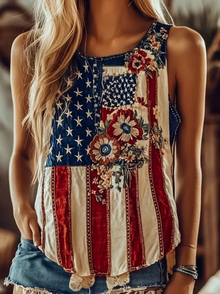 Women's Independence Day American Flag Floral Embroidered V-neck Linen Blend T-shirt