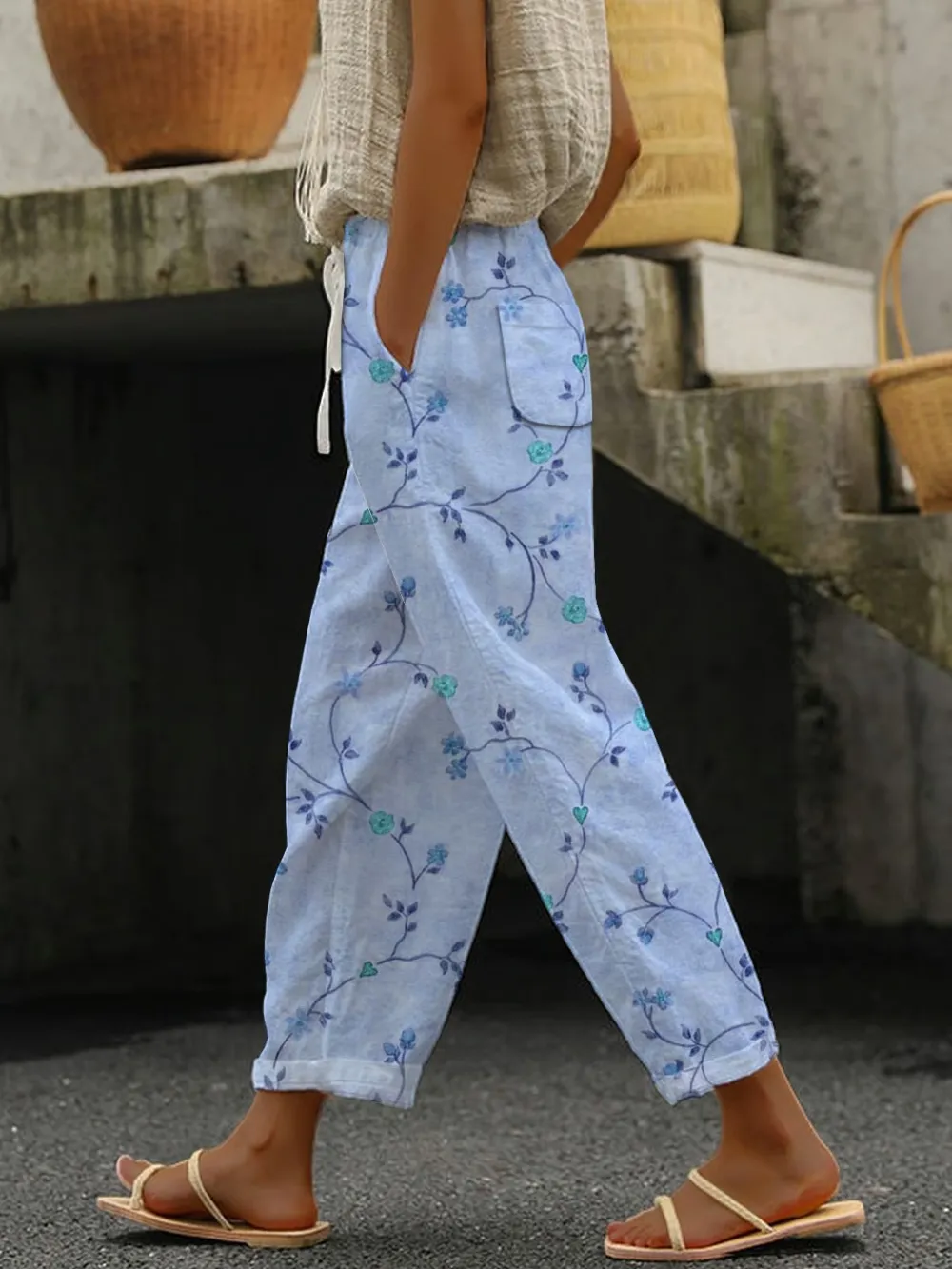 Women's casual retro floral cotton linen pants (with pockets)