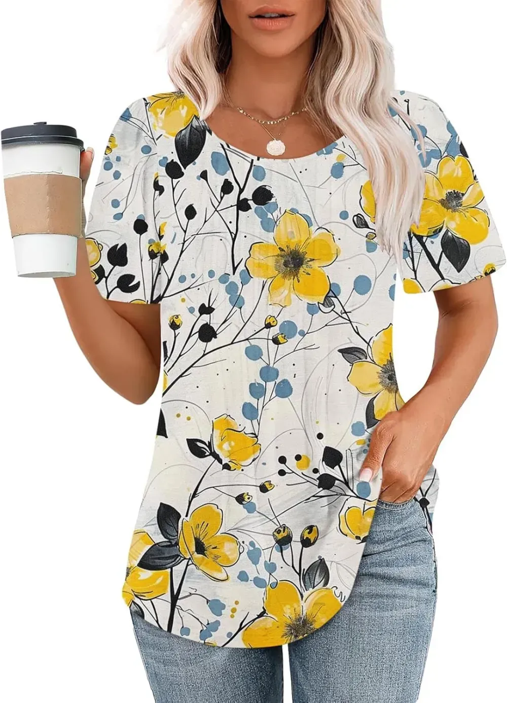 Womens Summer Pleated Front Shirts Tunics Casual Short Sleeved Loose Round Neck Boho Printed Tops Vacation Blouse