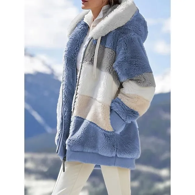 Women's Zip Hoodie Sweatshirt Fleece Pullover Sherpa Fleece Teddy Zip Up Black Wine Blue Color Block Loose Fit Street Casual Hoodie Plus Size Long Sleeve Top Fleece lined Micro-elastic Fall & Winter