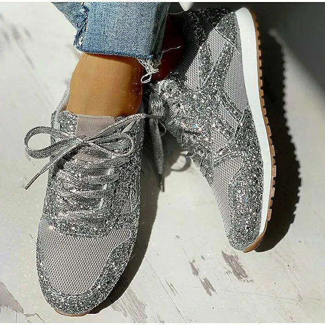 Women's Trainers Athletic Shoes Sneakers Sequins Plus Size Bling Bling Sneakers Outdoor Daily Summer Sequin Platform Flat Heel Round Toe Sporty Classic Casual Tennis Shoes Walking Mesh Lace-up Color