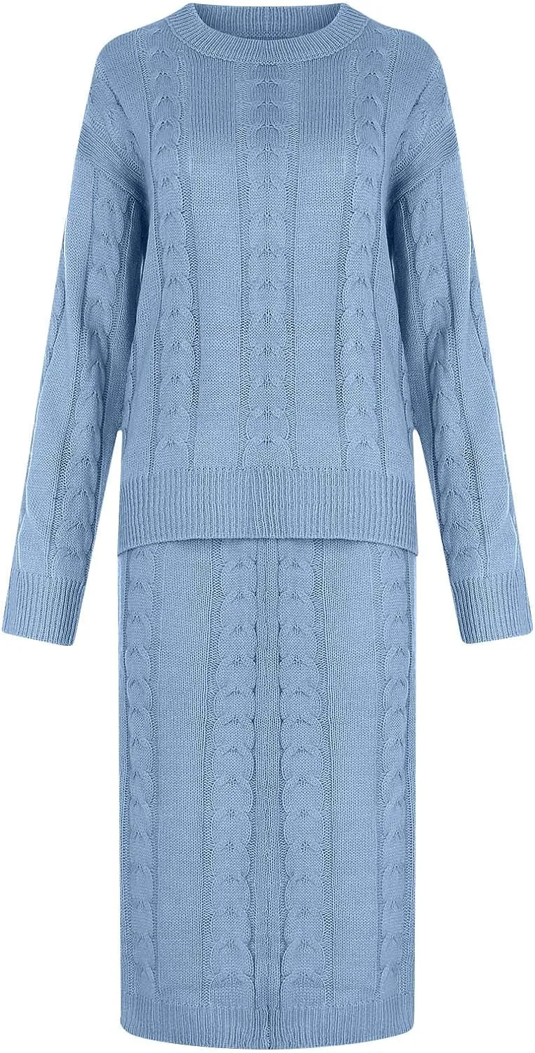 Women 2 Piece Outfits Knitted Sweater Tops and Long Skirt Turtleneck Long Sleeve Bodycon Dress Set Chunky Cable Knit