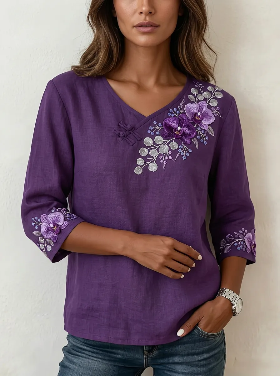 Women's Nashville Floral Orchid Embroidered V-Neck Linen Top