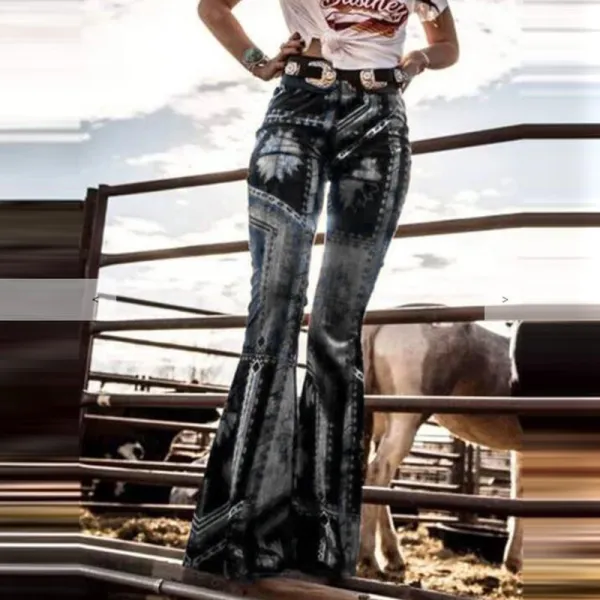 Vintage Ladies Geometric Pattern Bell-bottom Pants