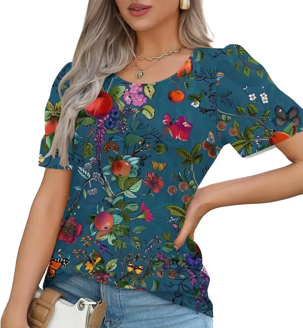 Womens Summer Pleated Front Shirts Tunics Casual Short Sleeved Loose Round Neck Boho Printed Tops Vacation Blouse