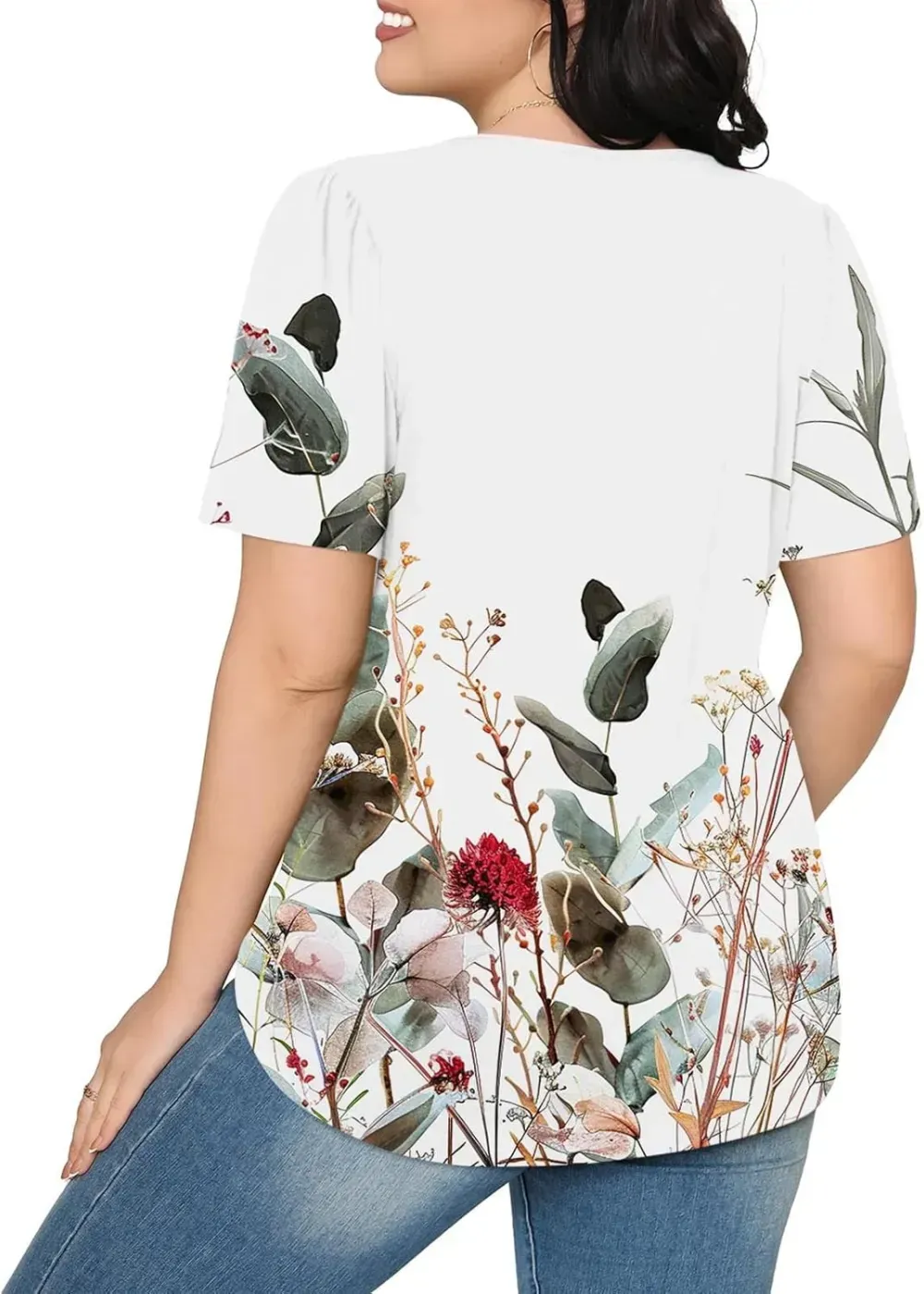 Womens Summer Pleated Front Shirts Tunics Casual Short Sleeved Loose Round Neck Boho Printed Tops Vacation Blouse