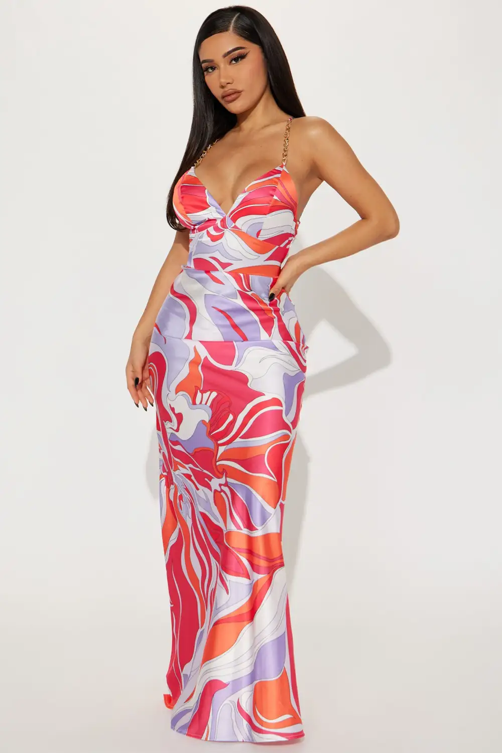 Danielle Satin Maxi Dress - Fuchsia/combo