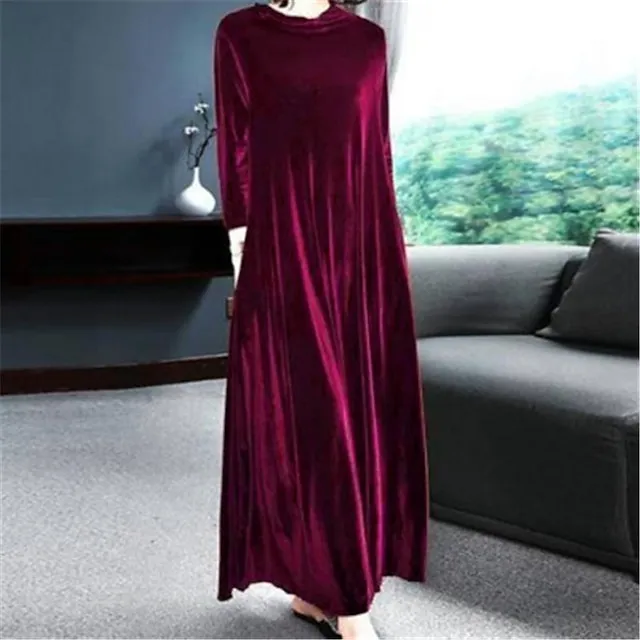 Women‘s Velvet Dress Shift Dress Caftan Dress Long Dress Maxi Dress Green Black Purple Long Sleeve Pure Color Pocket Winter Fall Spring Crew Neck Mature Winter Dress Daily Vacation 2023
