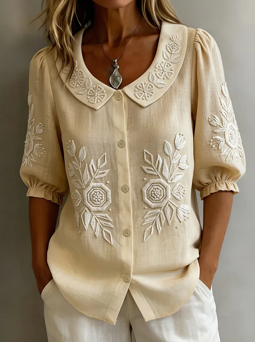 Women's Nashville Floral Embroidery Printed Button-down Shirt