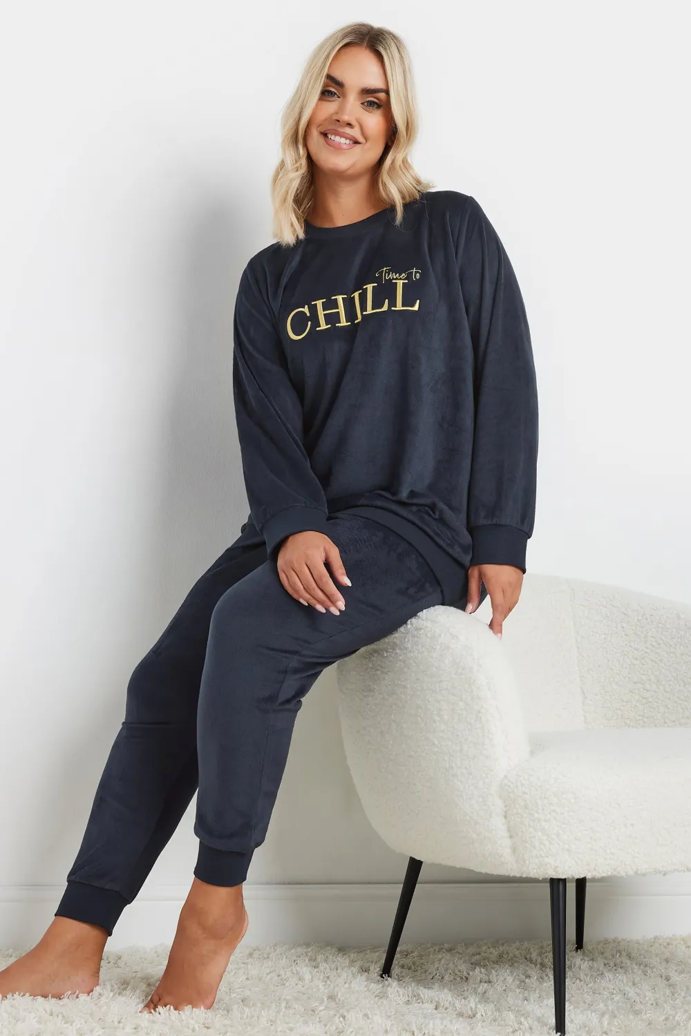 YOURS Curve Navy Blue 'Time To Chill' Soft Fleece Loungewear Set