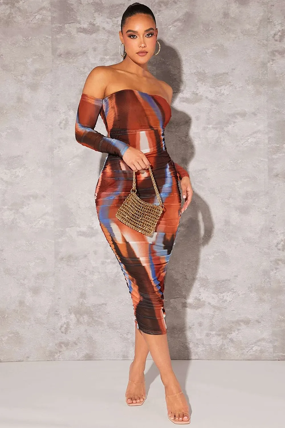 BAE Tie Dye Off Shoulder Ruched Side Bodycon Dress